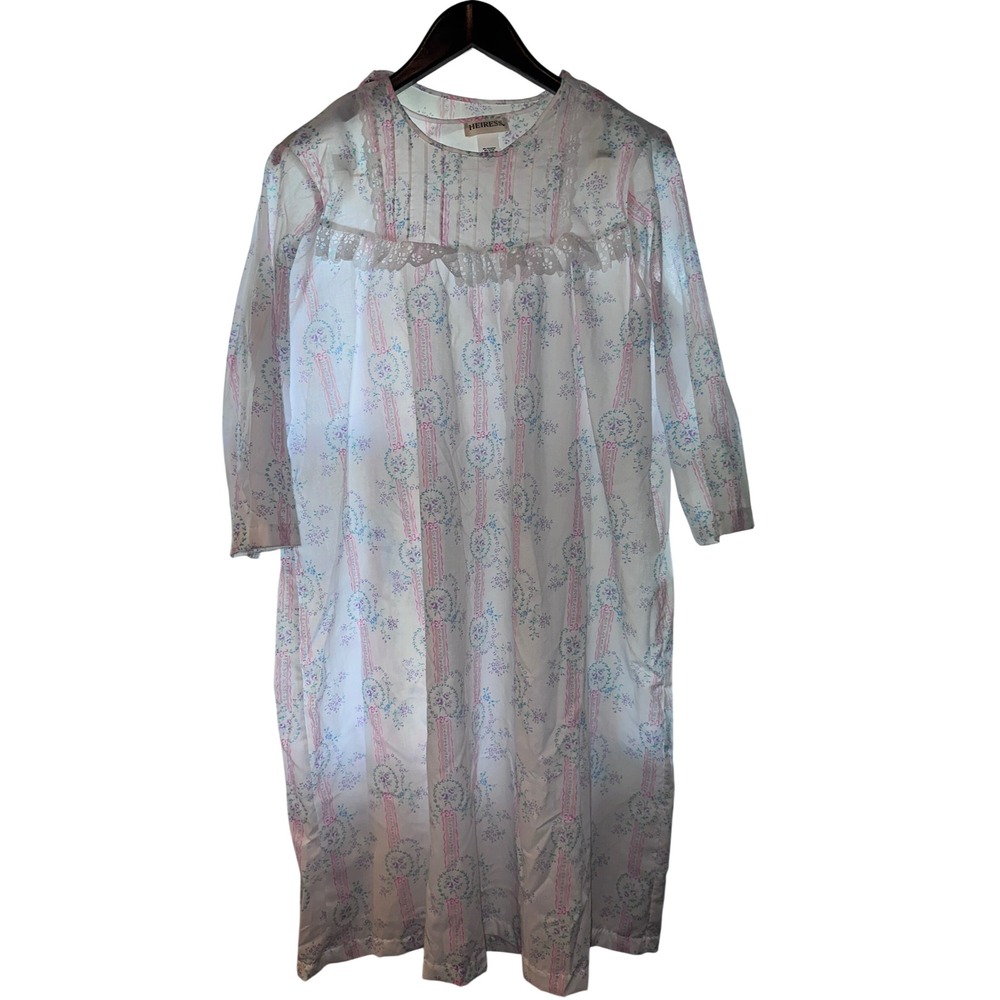 Heiress Vintage Floral Ribbon Stripe Nightgown White Pink Large Made in USA NWT